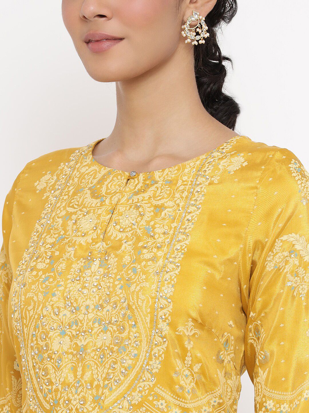 W Women Yellow Floral Printed Keyhole Neck Maxi Dress