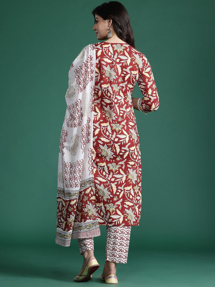 Indo Era Floral Printed Pure Cotton Kurta With Trousers & Dupatta