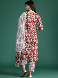 Indo Era Floral Printed Pure Cotton Kurta With Trousers & Dupatta