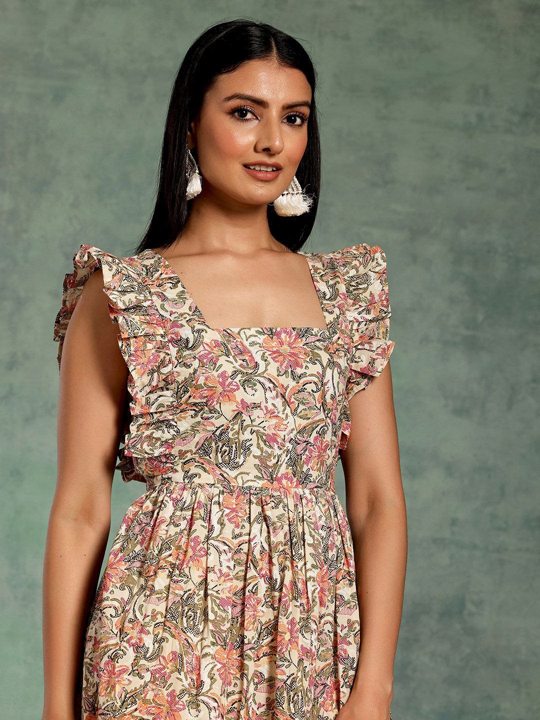 Libas White Floral Printed Flutter Sleeve Gathered Empire Cotton Midi Dress