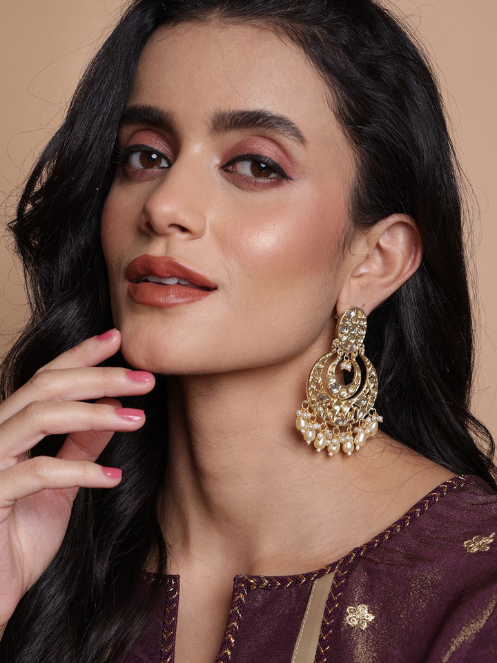 PANASH Gold-Plated Artificial Stones Studded and Beaded Contemporary Shaped Drop Earrings