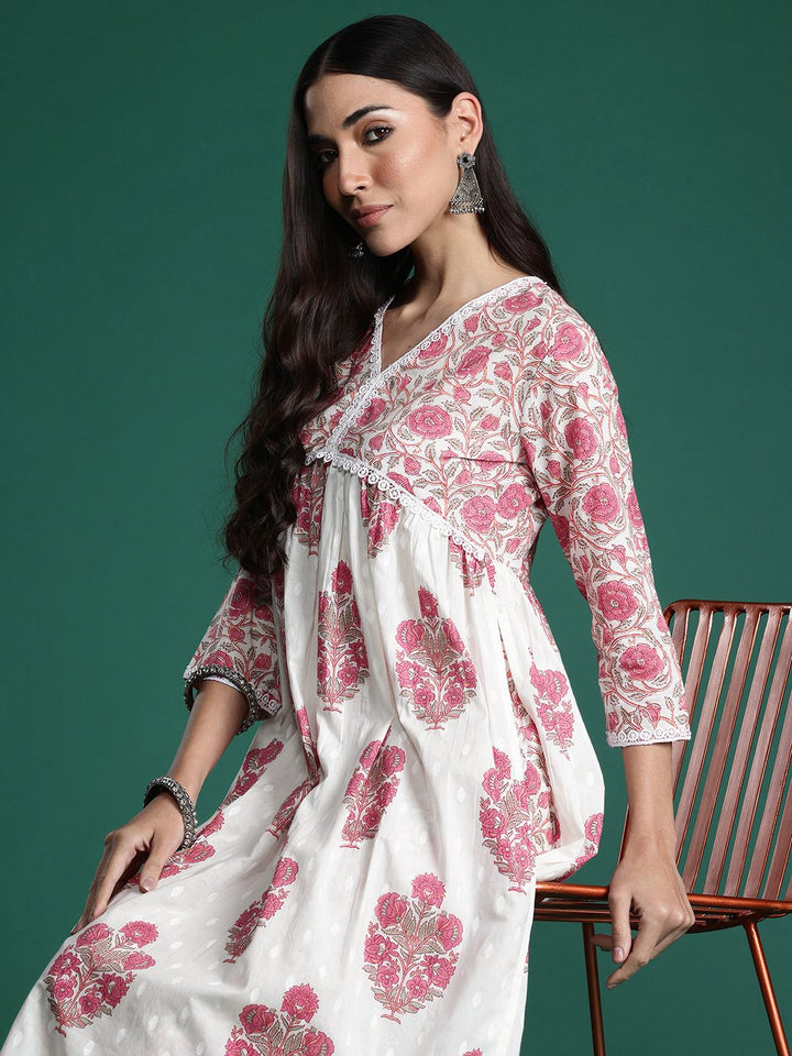 Indo Era Women Floral Printed Empire Pure Cotton Kurta with Trousers