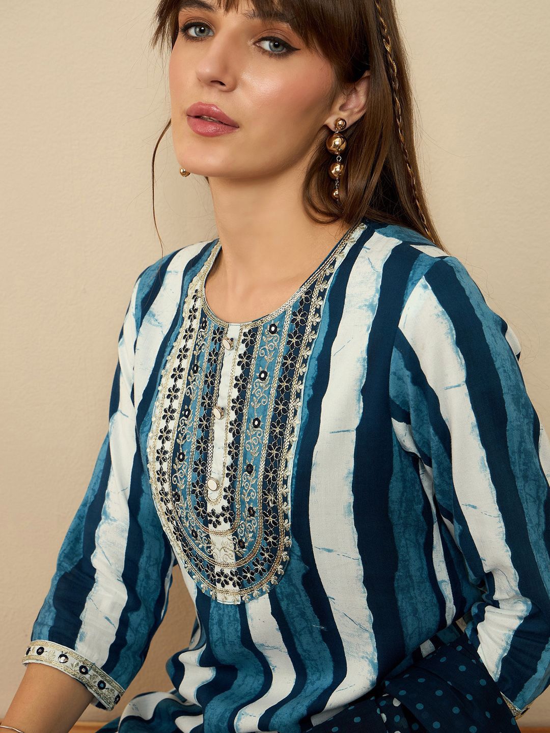 Indo Era Striped Sequinned Straight Kurta With Trousers & Dupatta