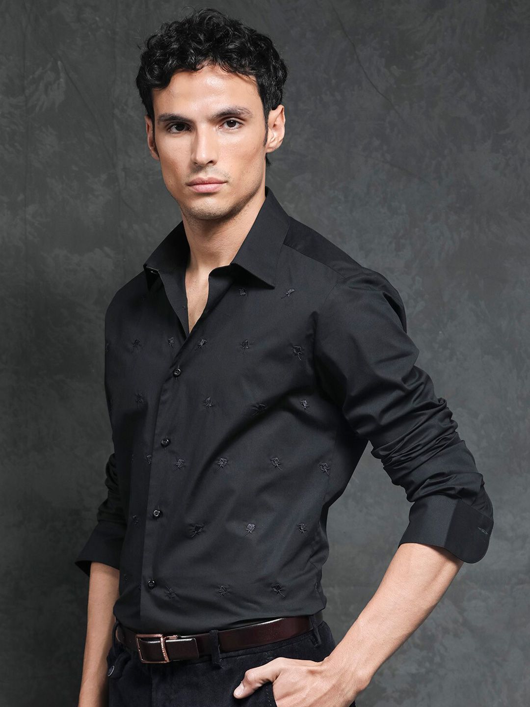 RARE RABBIT Men Roser Slim Fit Embroidered Cotton Shirt