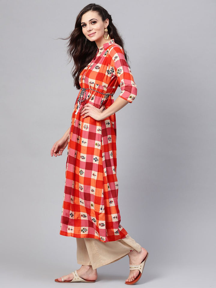 SOJANYA Women Orange & Beige Checked A-Line Kurta