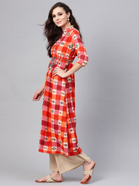 SOJANYA Women Orange & Beige Checked A-Line Kurta