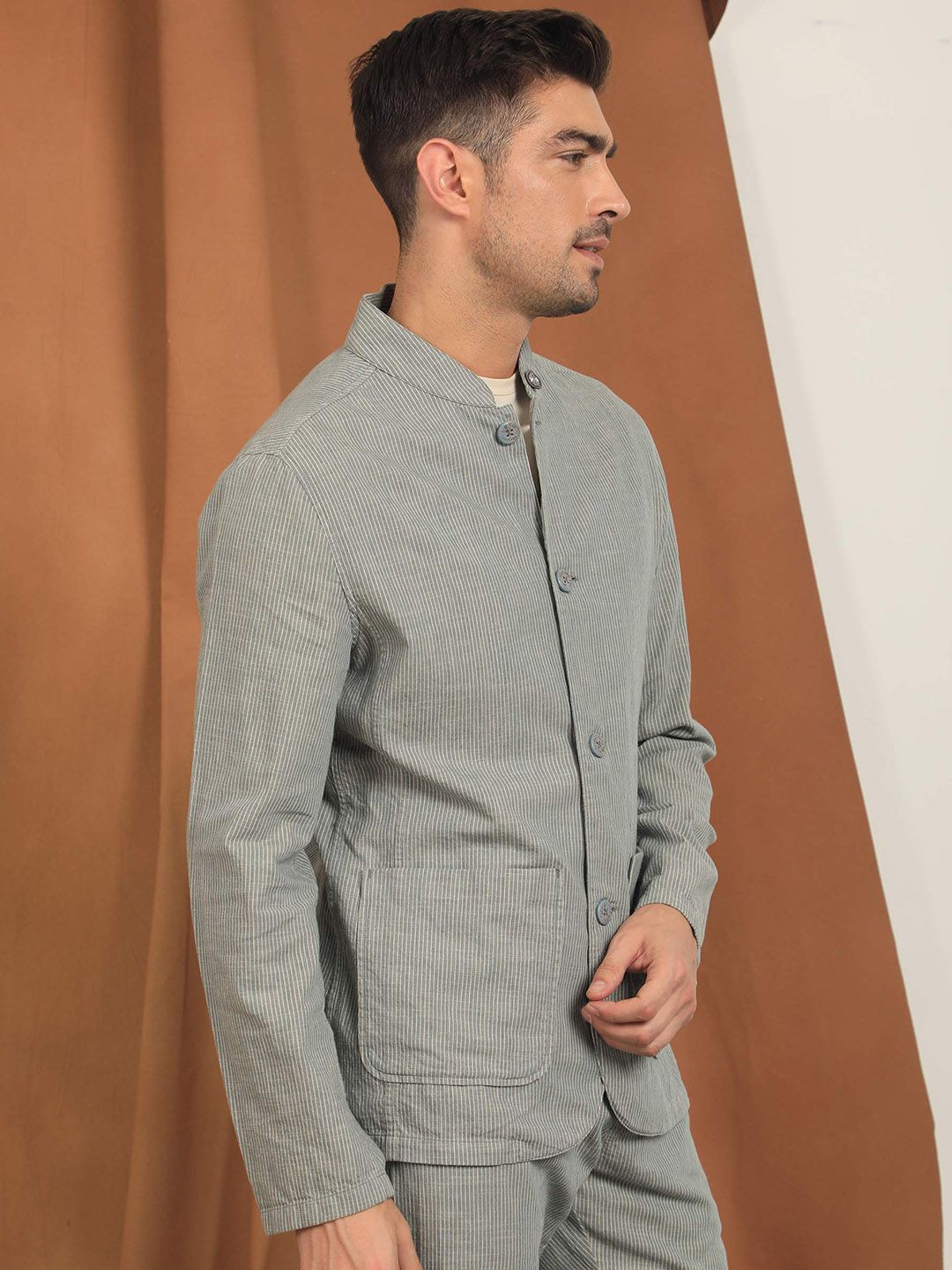 RARE RABBIT Men Trex Tailored Fit Mandarin Collar Cotton Jacket