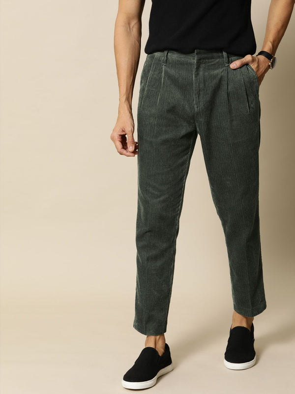 Mr Bowerbird Men Olive Green Tailored Fit Self-Striped Cropped Corduroy Regular Trousers