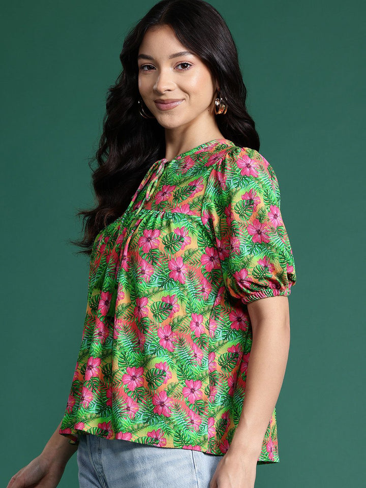 DressBerry Tropical Print Tie-Up Neck Puff Sleeves Empire Top