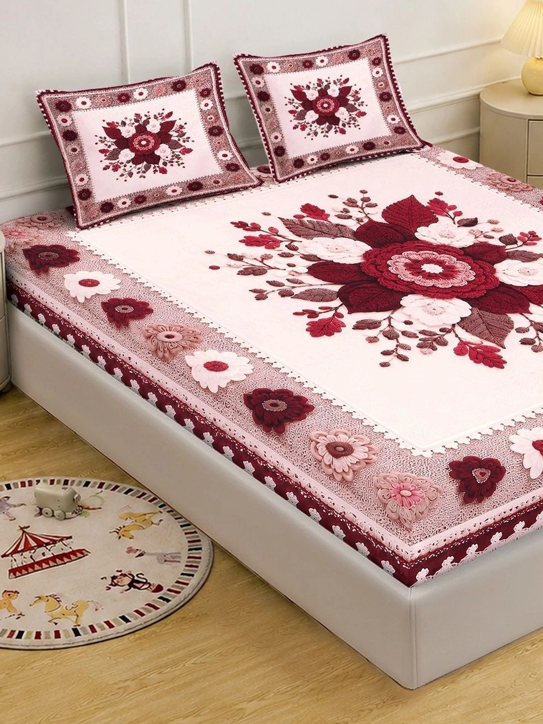 KLOTTHE Maroon & Pink Floral 400 TC King Bedsheet with 2 Pillow Covers