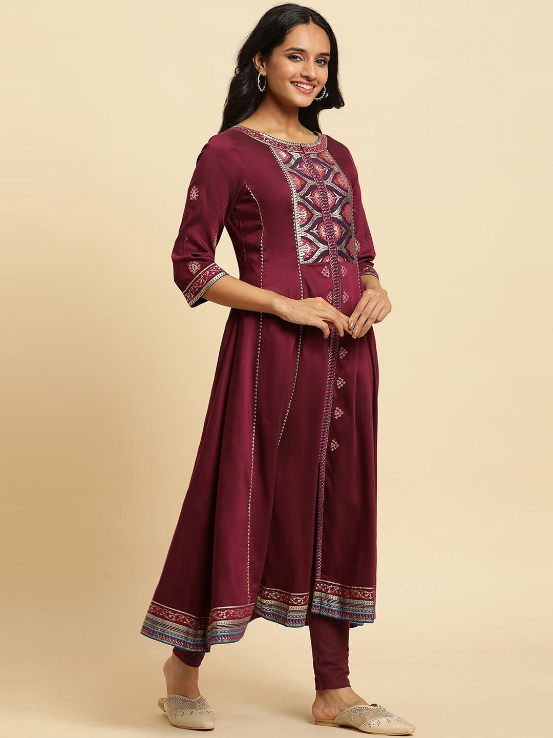 W Purple Ethnic Motifs Yoke Design Gotta Patti A-Line Kurta