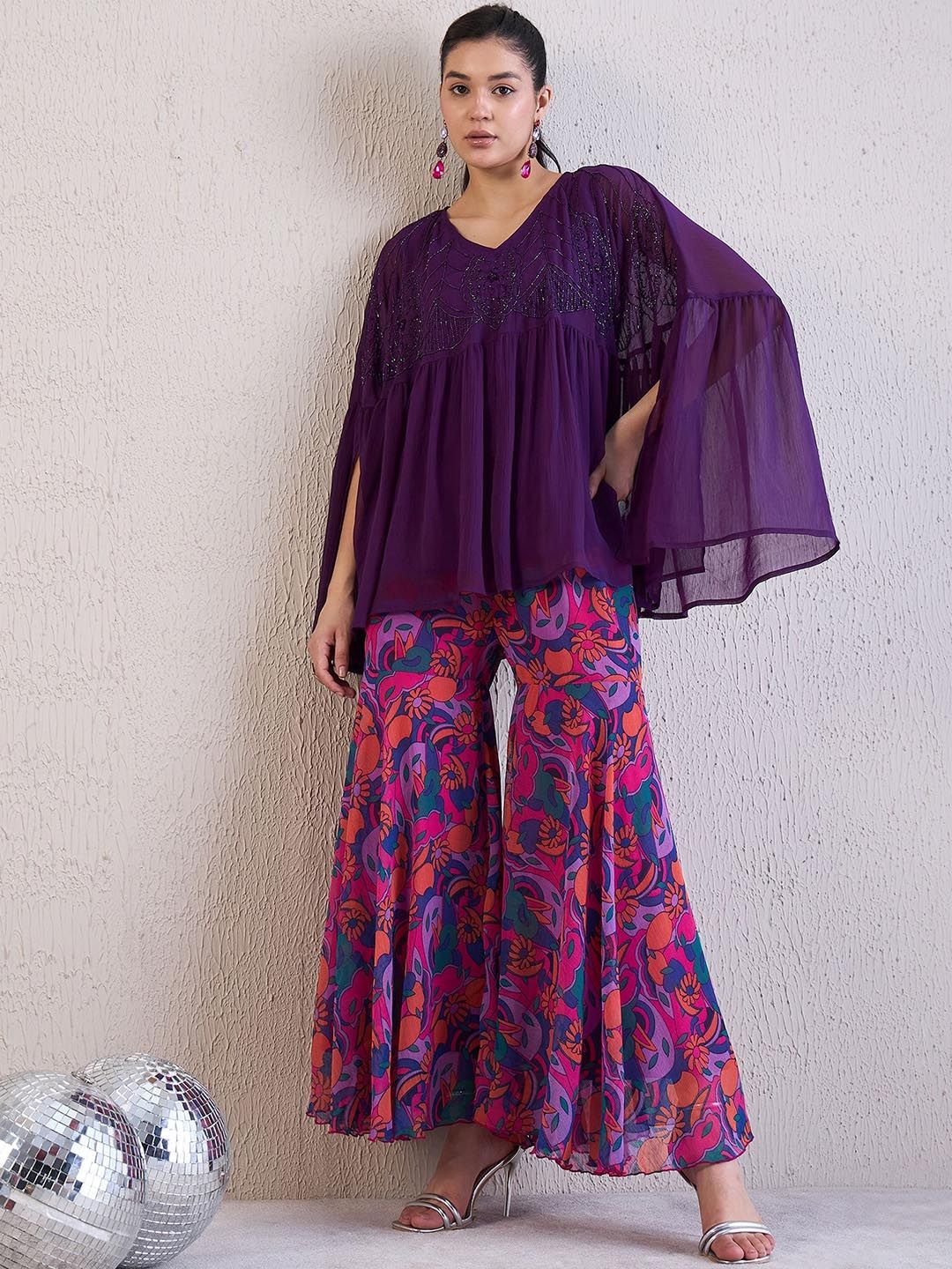 Antheaa Purple Embellished V-Neck Three Quarter Sleeve Top & Sharara