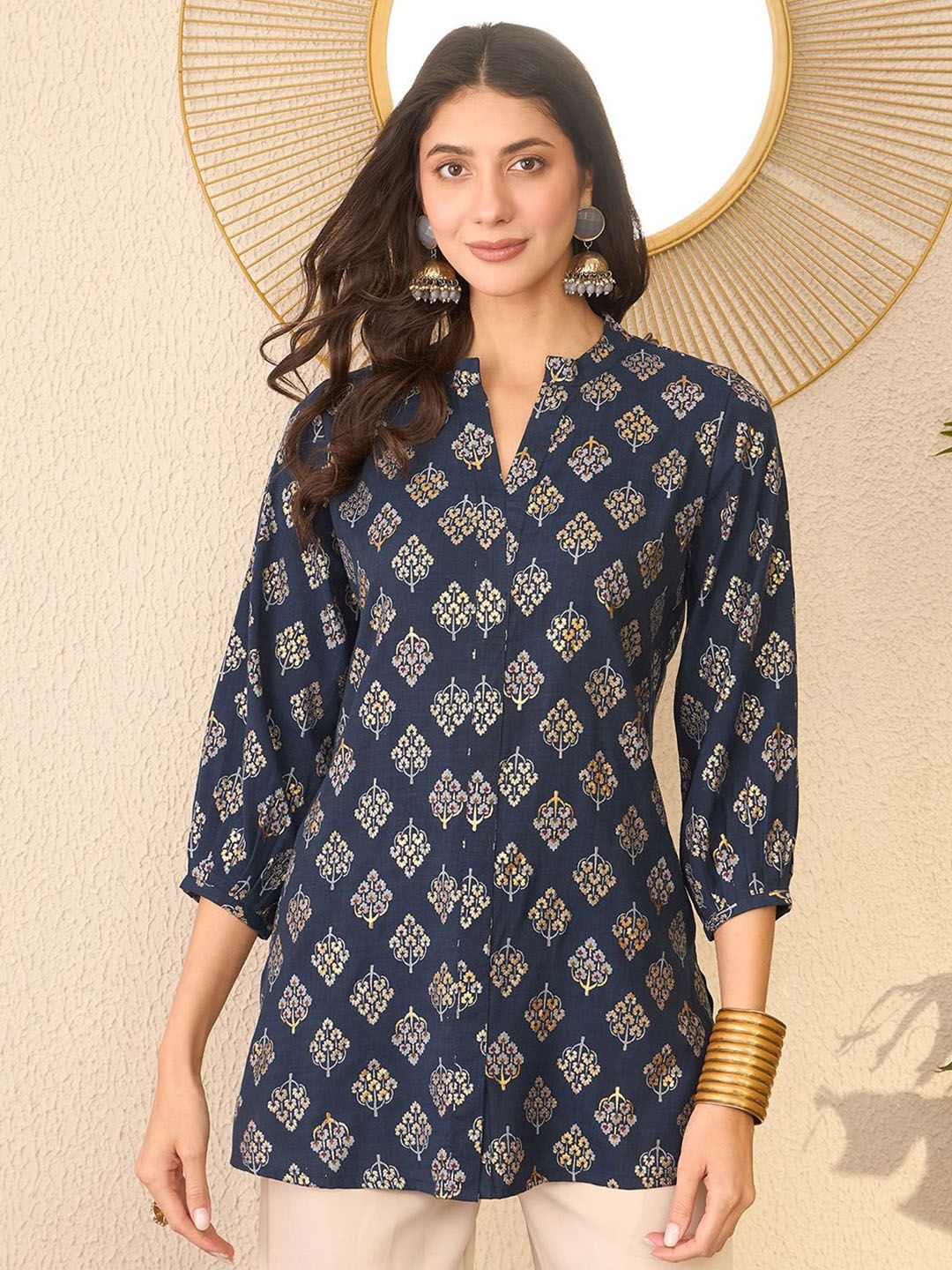 KALINI Floral Print Mandarin Collar Top