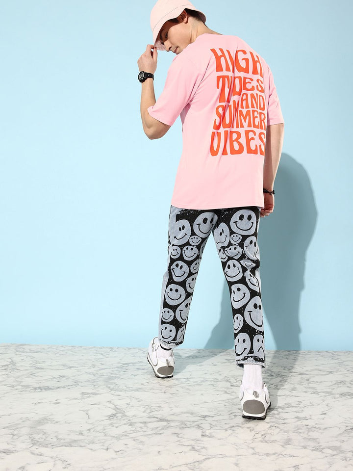 Difference of Opinion Men Pink & Orange Pure Cotton Typography Printed Loose T-shirt
