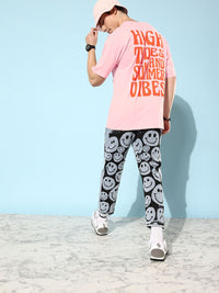 Difference of Opinion Men Pink & Orange Pure Cotton Typography Printed Loose T-shirt