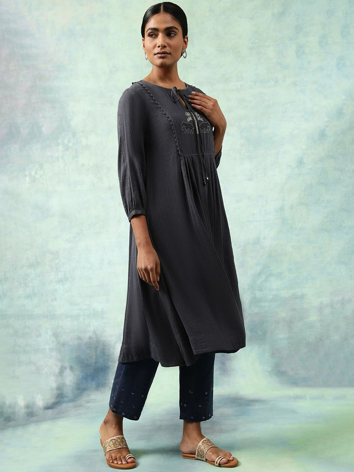 W The Folksong Collection Striped Tie-Up Neck Thread Work A-Line Kurta