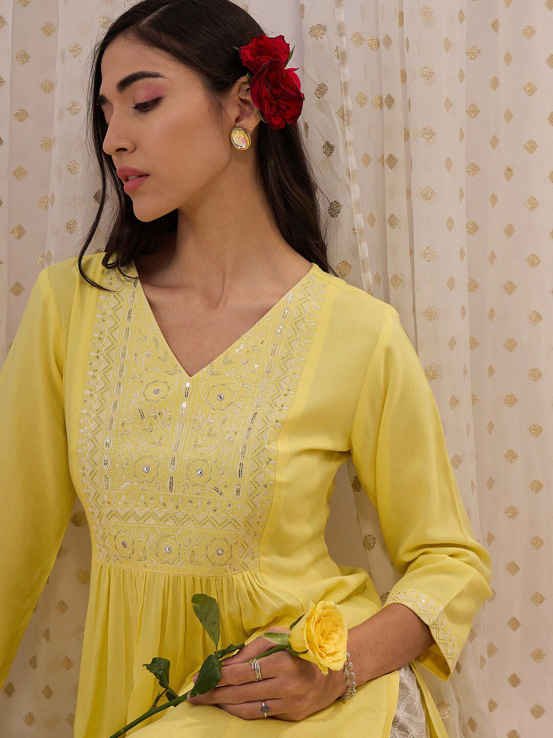 Indo Era Geometric Printed V-Neck Three-Quarter Sleeves Kurta