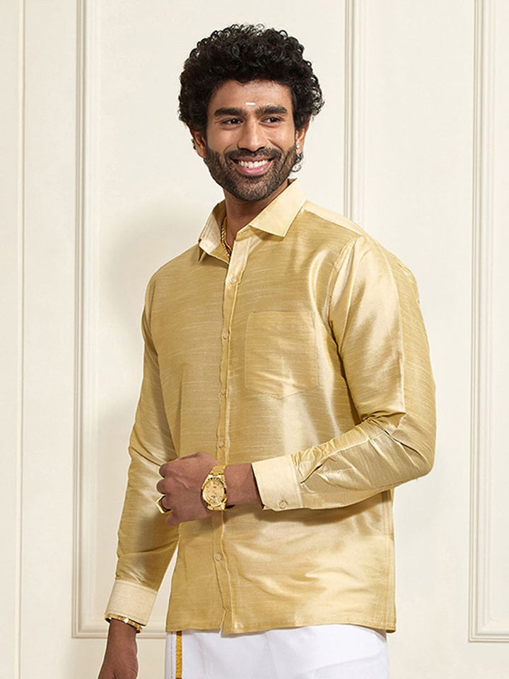 VASTRAMAY Men Gold Solid Ethnic Shirt