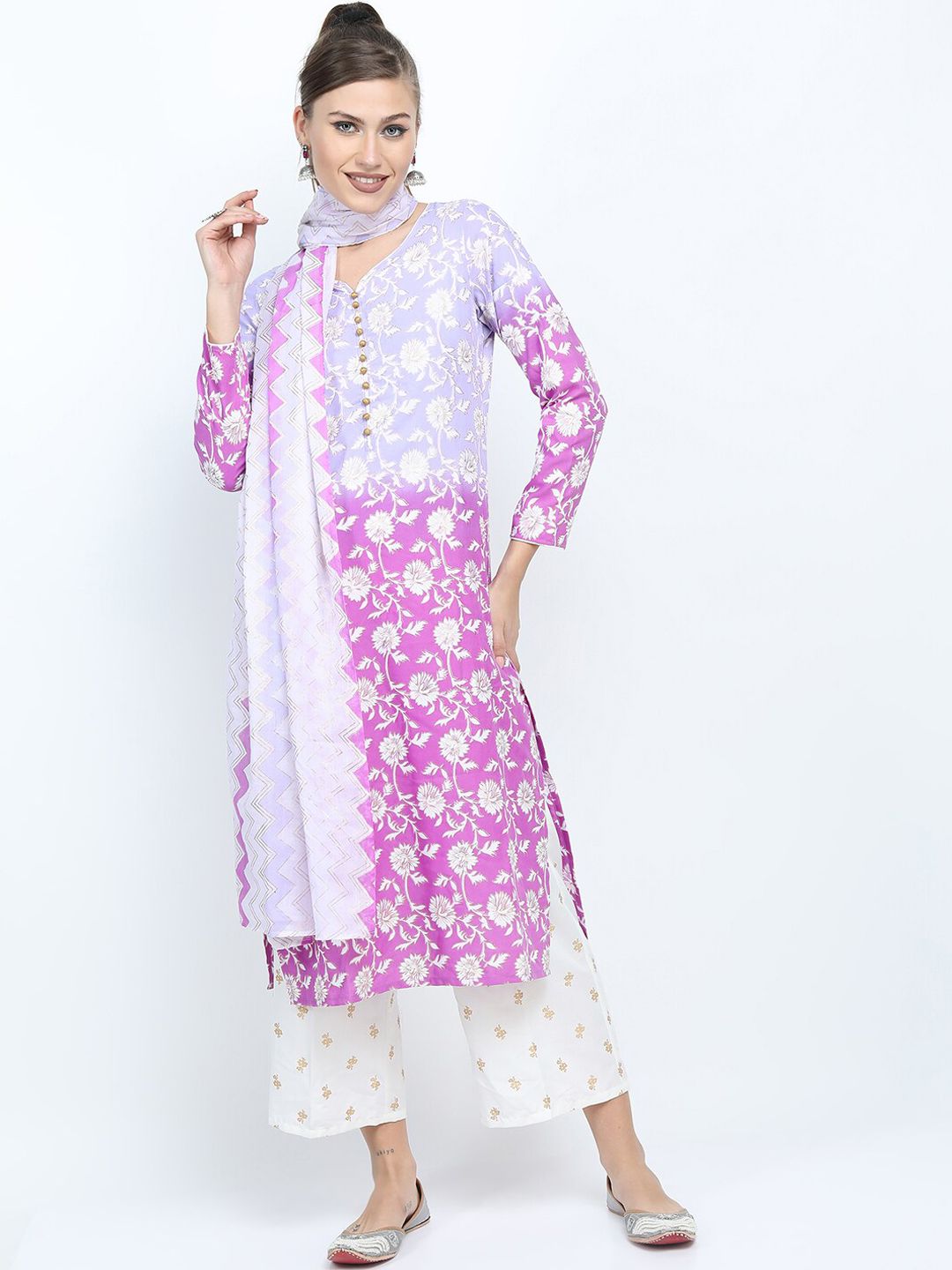 Vishudh Women Mauve Floral Printed High Slit Kurta with Palazzo & Dupatta