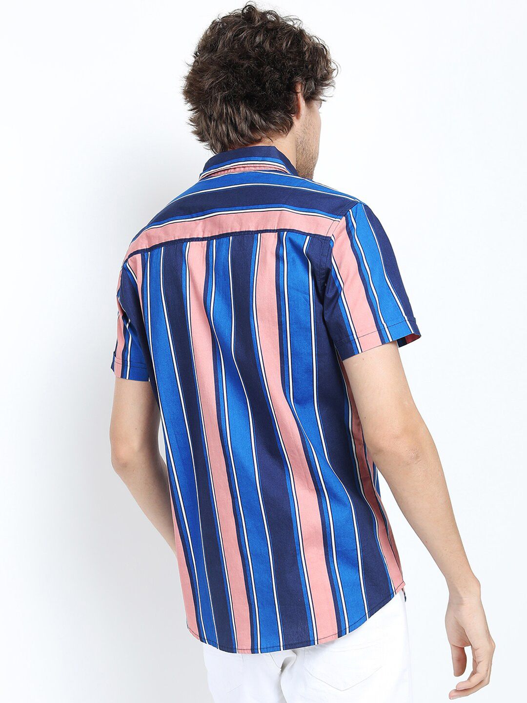 HIGHLANDER Men Blue & Peach-Coloured Slim Fit Multi Stripes Striped Cotton Casual Shirt