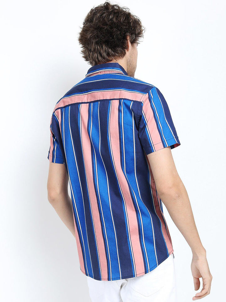 HIGHLANDER Men Blue & Peach-Coloured Slim Fit Multi Stripes Striped Cotton Casual Shirt