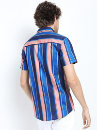 HIGHLANDER Men Blue & Peach-Coloured Slim Fit Multi Stripes Striped Cotton Casual Shirt