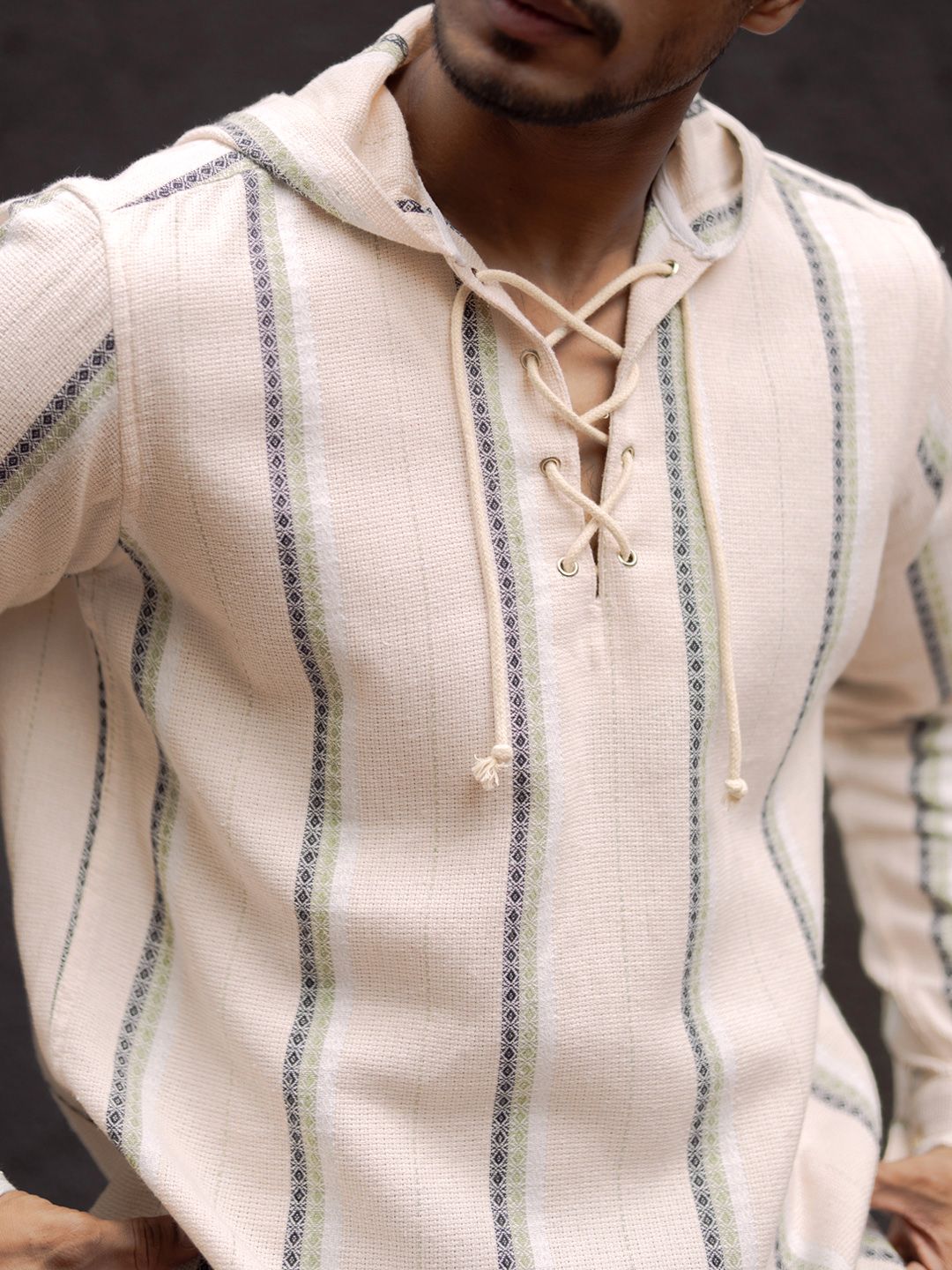 Powerlook Men Collarless Vertical Striped Pure Cotton Casual Shirt