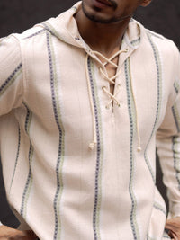 Powerlook Men Collarless Vertical Striped Pure Cotton Casual Shirt