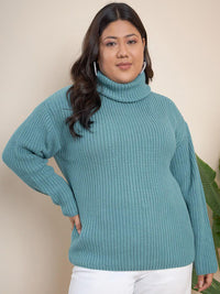 CURVY STREET Plus Size Ribbed Turtle Neck Pure Acrylic Pullover