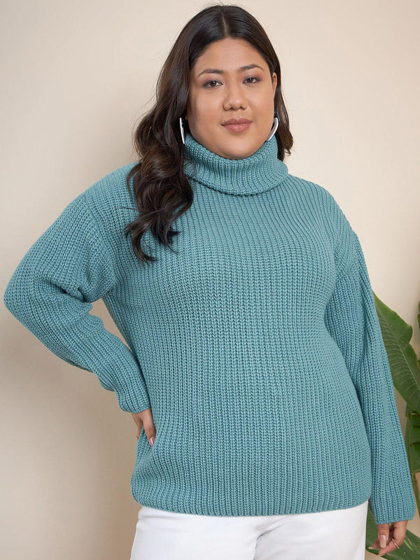 CURVY STREET Plus Size Ribbed Turtle Neck Pure Acrylic Pullover