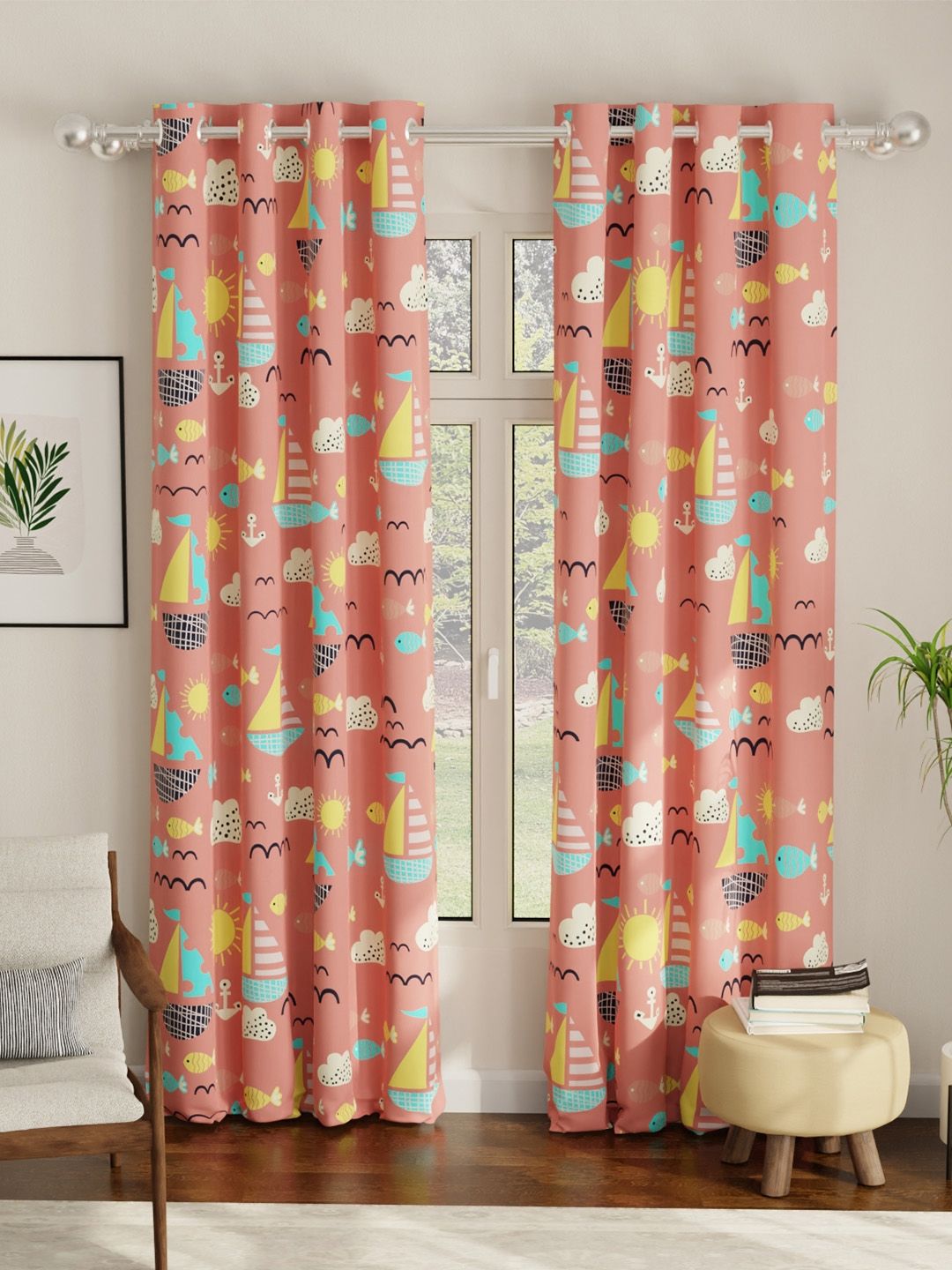 URBAN SPACE Peach & YellowPrinted Room Darkening Door Curtain