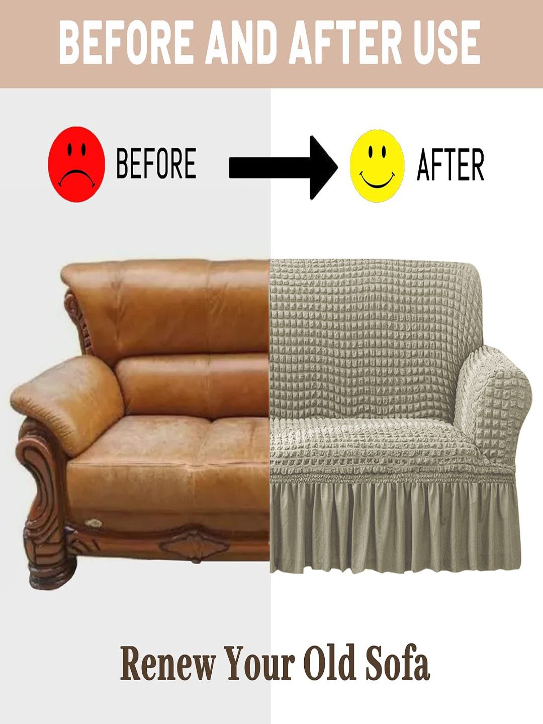 Cortina Beige Self Design Stretchable 1-Seater Sofa Cover with Skirt