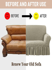 Cortina Beige Self Design Stretchable 1-Seater Sofa Cover with Skirt