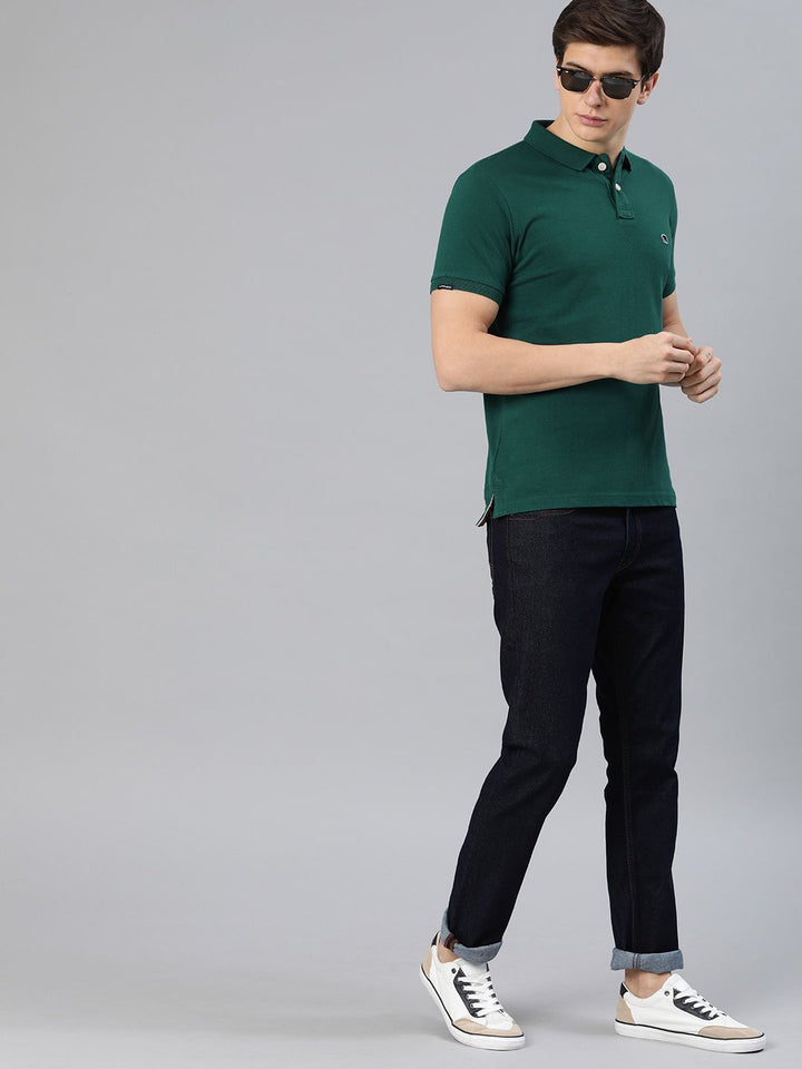 THE BEAR HOUSE Men Green Solid Slim Fit Polo Collar Pure Cotton T-shirt