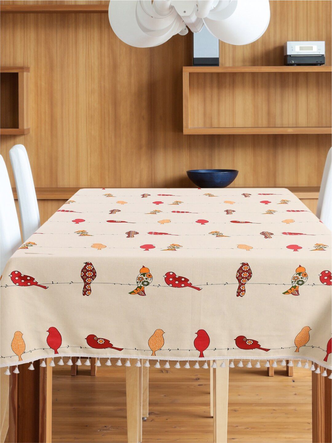 URBAN SPACE Cream Coloured & Red Printed Pure Cotton Square Table Cover