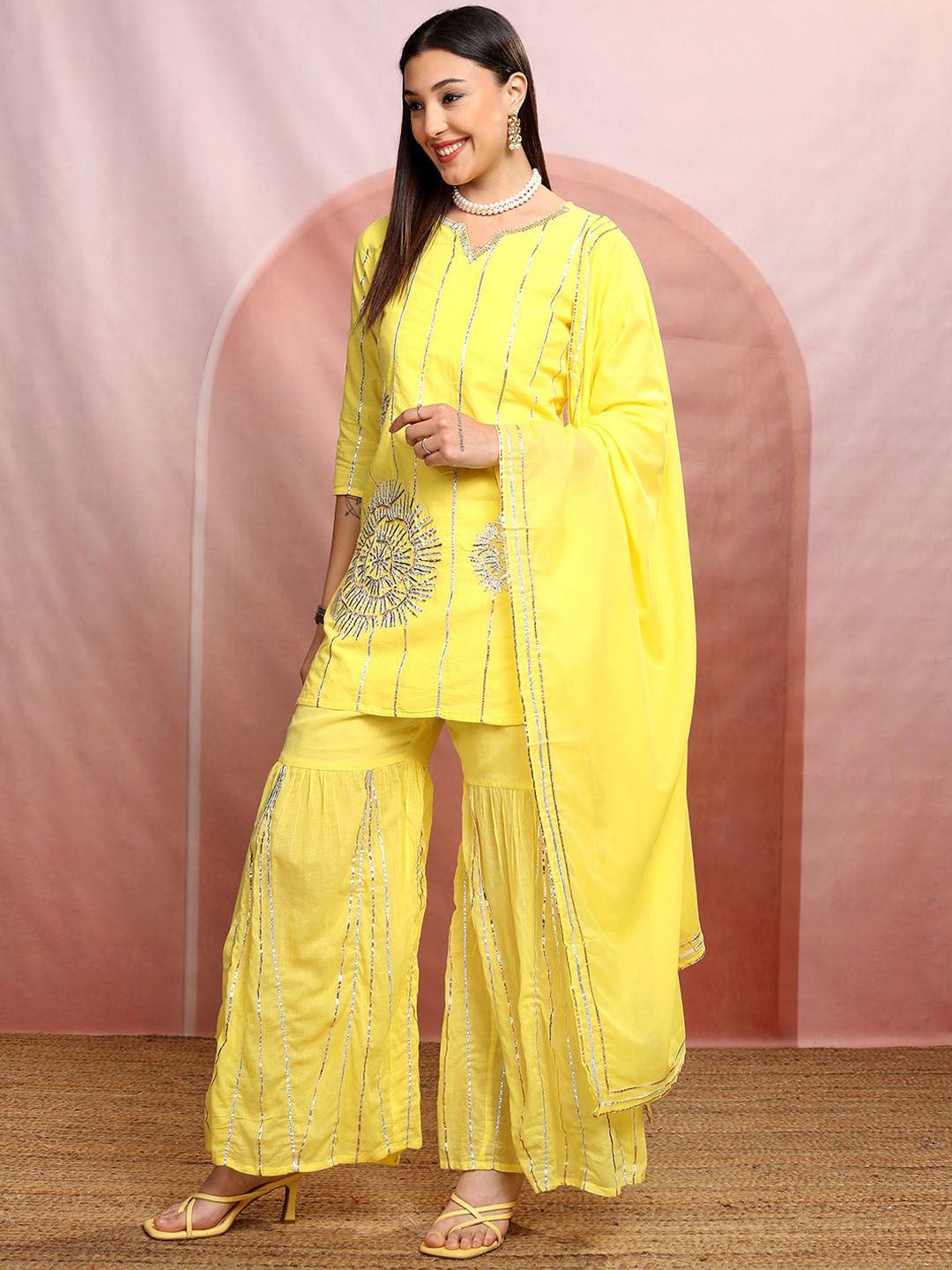 Vishudh Women Gotta Patti Pure Cotton Kurta with Sharara & With Dupatta