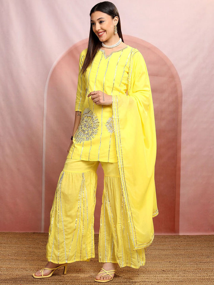 Vishudh Women Gotta Patti Pure Cotton Kurta with Sharara & With Dupatta
