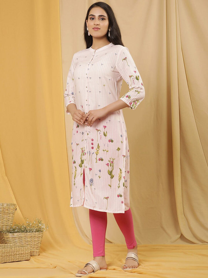 W Floral Printed Mandarin Collar Straight Kurta With Leggings