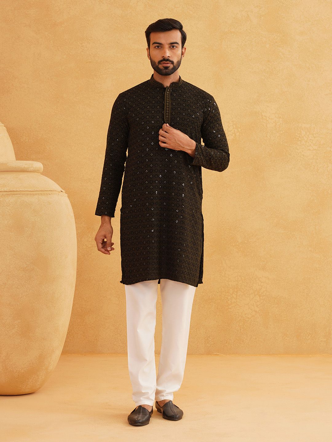 SOJANYA Ethnic Motifs Embroidered Mandarin Collar Sequined Pure Cotton Straight Kurta