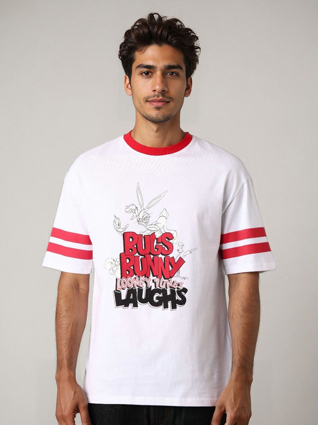The Indian Garage Co Men Bugs Bunny Typography Printed Cotton Relaxed Fit T-shirt