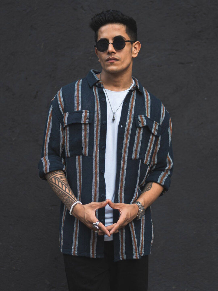 Powerlook Blue India Slim Striped Oversized Casual Shirt