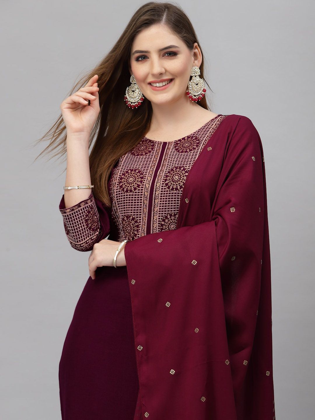 KALINI Yoke Design Embroidered Straight Kurta With Trousers & Dupatta