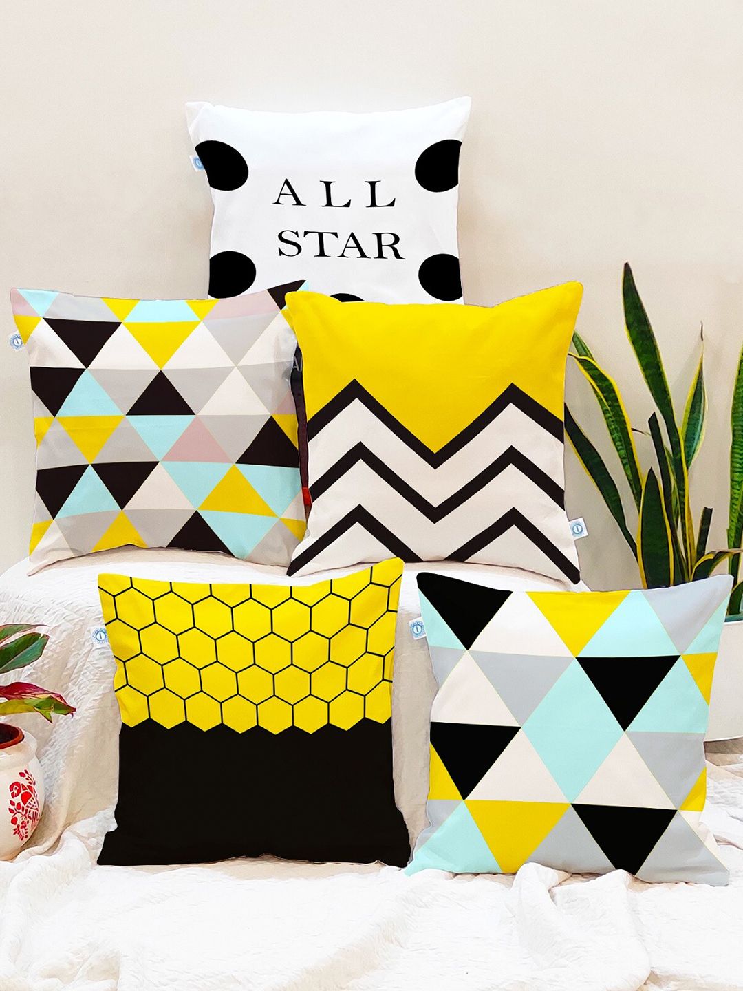 STITCHNEST Set of 5 Yellow & Black Geometric Square Cushion Covers