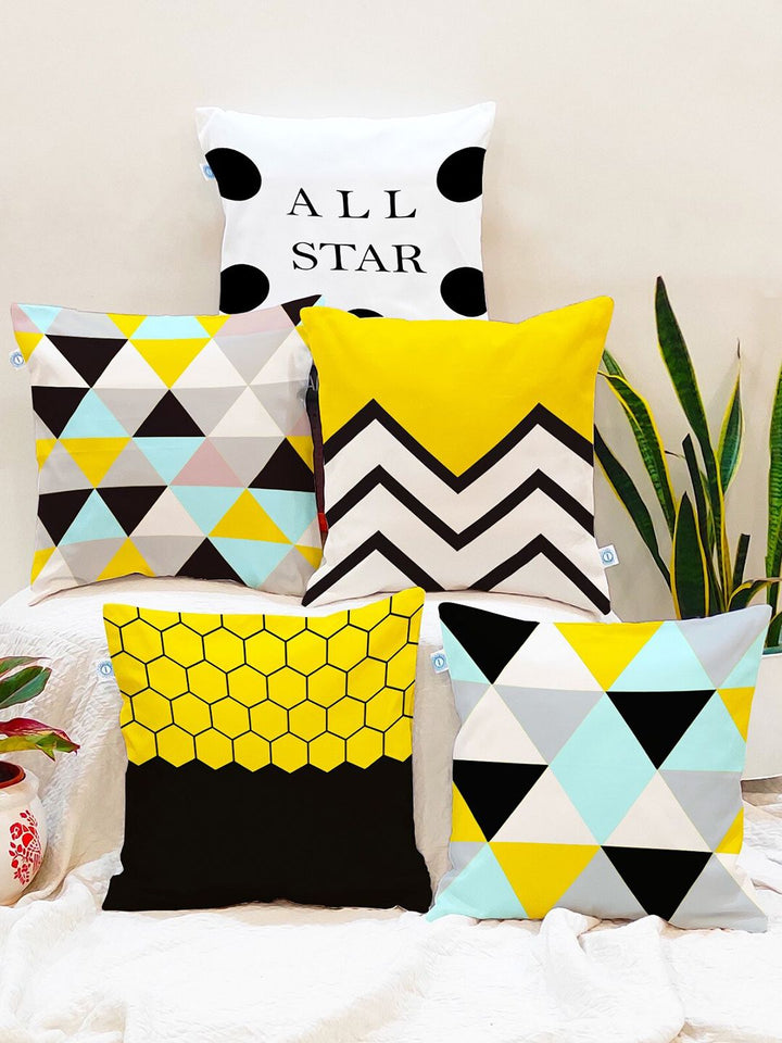 STITCHNEST Set of 5 Yellow & Black Geometric Square Cushion Covers
