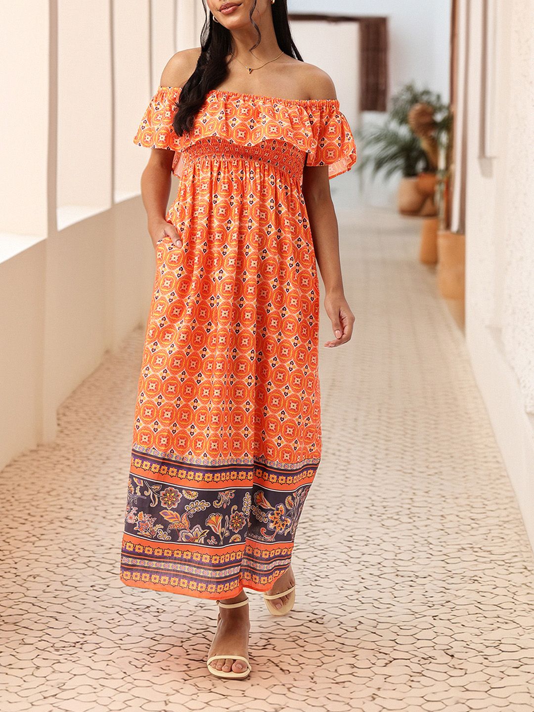 DressBerry Street Chic Meets Ethnic Prints Off-Shoulder Smocked Maxi Dress