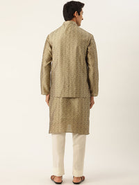 SOJANYA Set Kurta Motif Etnik Emas Lelaki Dengan Jaket Nehru
