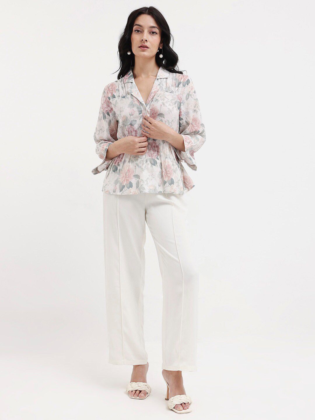 Rareism Floral Printed Cuba Collar Bell Cotton Top Cotton