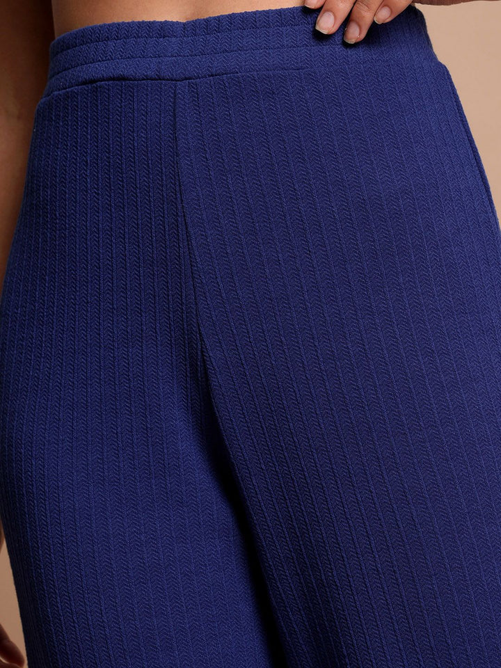 Tokyo Talkies Navy Blue Self Design High Neck Top & Trouser With Shrug Co-Ords