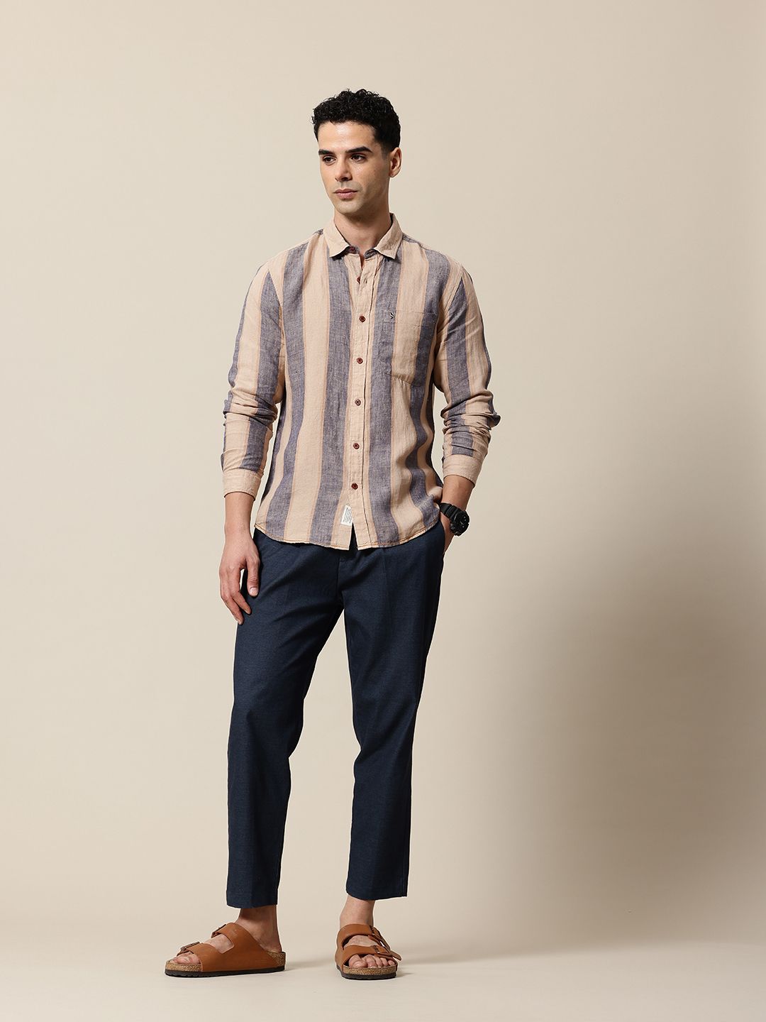 Mr Bowerbird Striped Tailored Fit Opaque Linen Casual Shirt