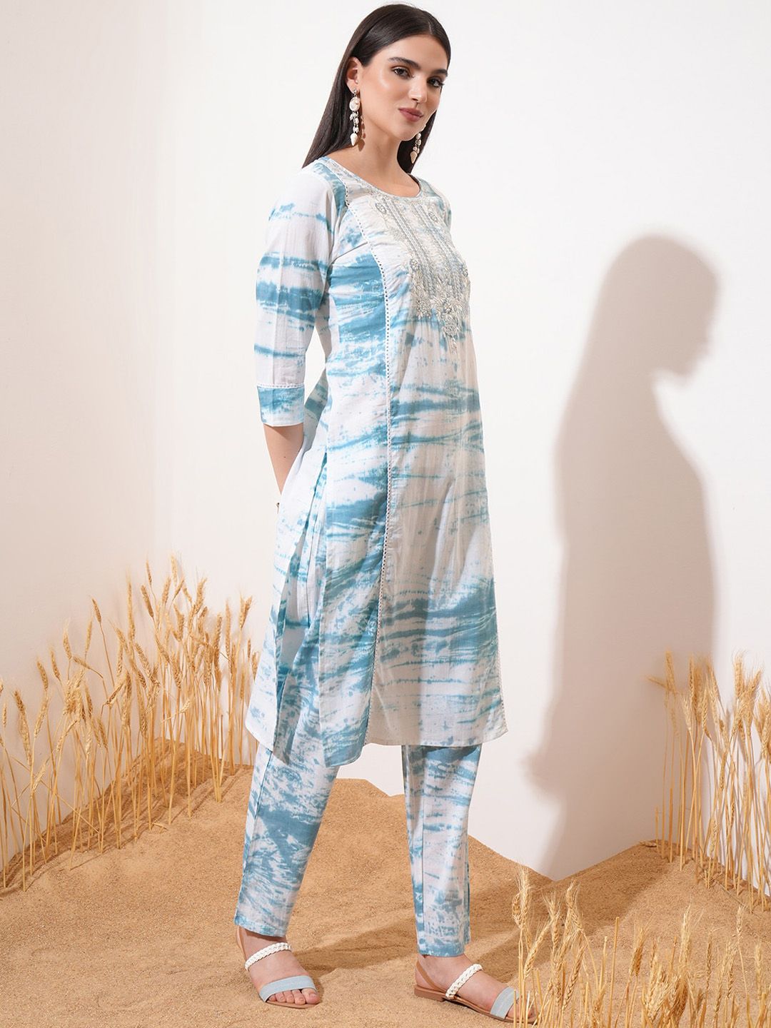 Vishudh Blue Printed Thread Work Pure Cotton Straight Kurta With Trousers & Dupatta